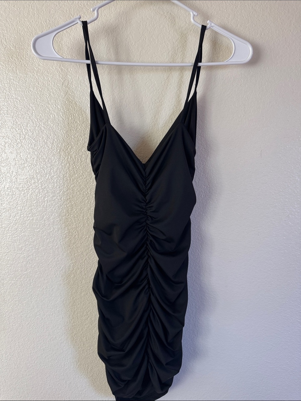 Black Ruched V-Neck Spaghetti Strap Dress